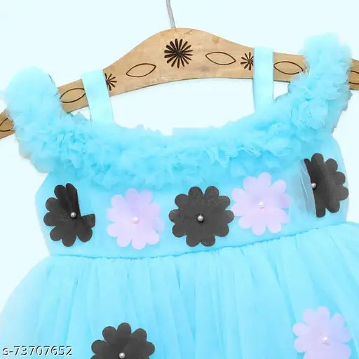 Pink floral trimmed baby girl cotton knee-length dress, blue 06 months