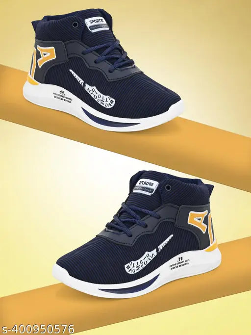 Black and yellow sports shoes with white stripes and a white sock liner