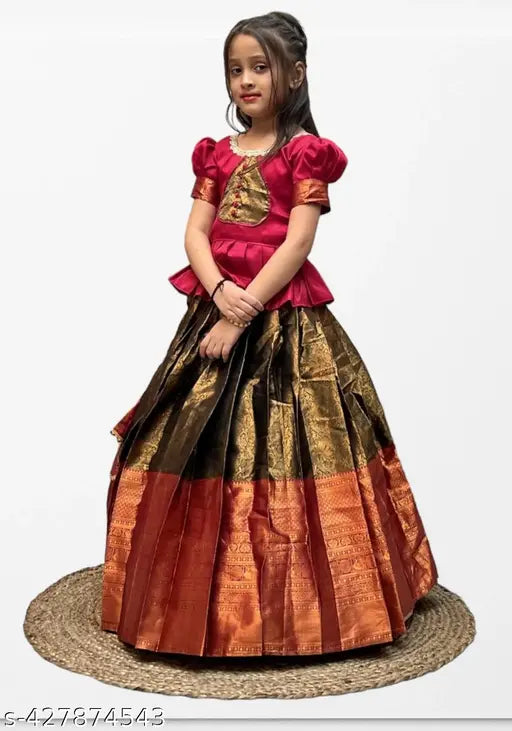 Trading Pattu Choli for Girls - Vibrant Taffeta Silk Lehenga-Choli set with intricate Zari stitching, Indian cultural heritage embodied