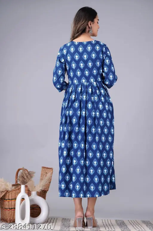Rayon printed long flared Anarkali kurtis, modern Indian fashion statement with three-quarter sleeves, suitable for functions, festivals, parties, and weddings