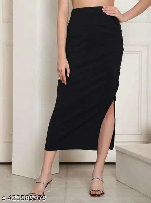 Black pencil midi skirt with elastic waist for women