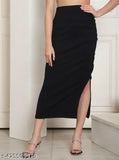 Black pencil midi skirt with elastic waist for women
