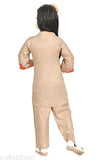 Brown polycotton embroidered net Kids Kurti Pant Set, three-quarter sleeves for medium size children