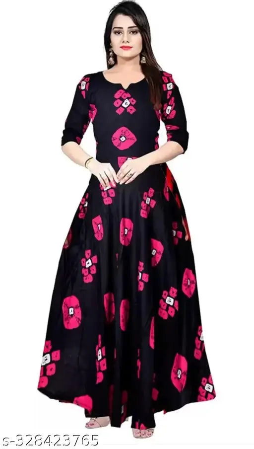 Anarkali pink flower print rayon kurti set for women and girls, long sleeves, dyed/washed design. (125 characters)