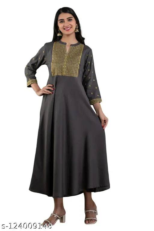 Black embroidery on grey rayon fabric; long-sleeve, traditional style anarkali kameez for women