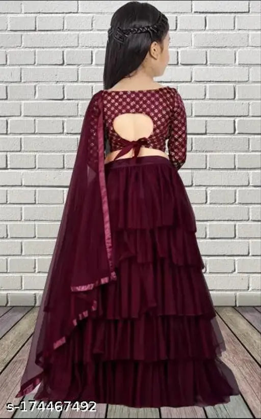 Satin and net floral lehenga choli with long sleeves, embellished with ruffle stitch embroidery. Traditional Diwali festive wear for kids (3-11 years), made in India