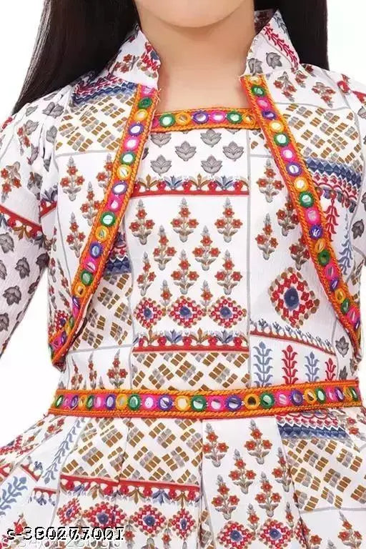 Cotton Cambric kids kurta set, applique patterns, long sleeves. Indian Rajasthani children's suit for girls, ages 9 months to 10 years