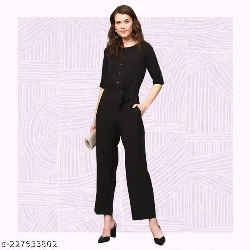 Black crepe jumpsuit by Pearl N Veras, suitable for women & girls - versatile, comfortable, solid pattern, India origin