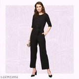Black crepe jumpsuit by Pearl N Veras, suitable for women & girls - versatile, comfortable, solid pattern, India origin