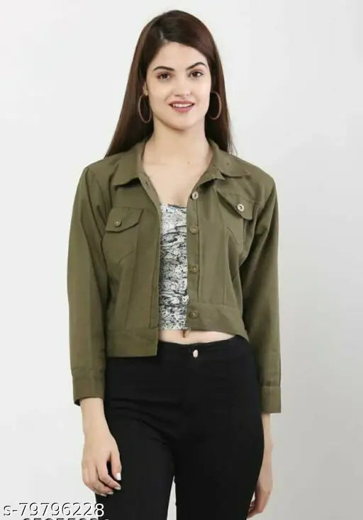 Women's cotton blend denim jacket, olive color with long sleeves, solid pattern