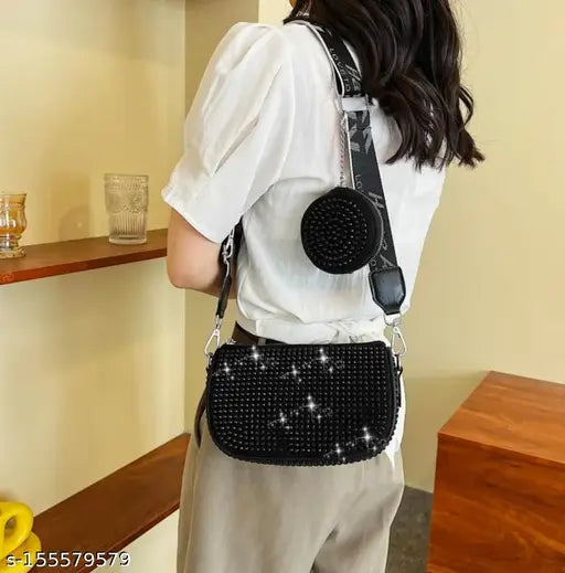 Black PU mini square bag with coin purse, embellished with rhinestones. Ideal for women and girls. Glamorous accessory on display." (124 characters)
