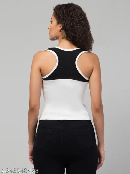 Black cotton blend sleeveless gym tank, lightweight and stylish with contrast detail on back, ideal for yoga or workouts