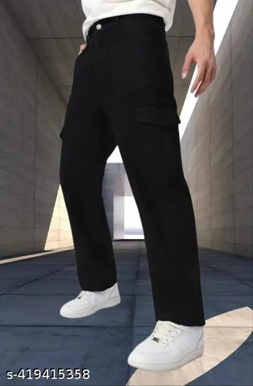 The image shows a person modeling oversized black cargo pants with multiple pockets