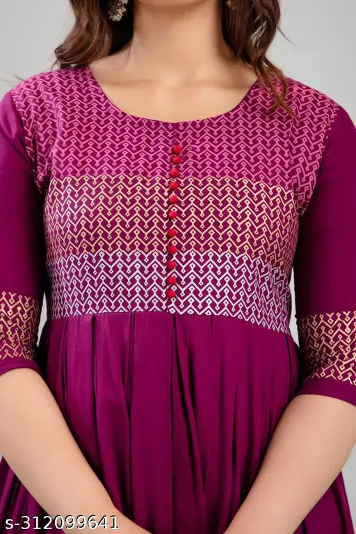Rayon printed Aaradhya Anarkali kurti with three-quarter sleeves, round neck, flared hemline - perfect for everyday wear and various styling options