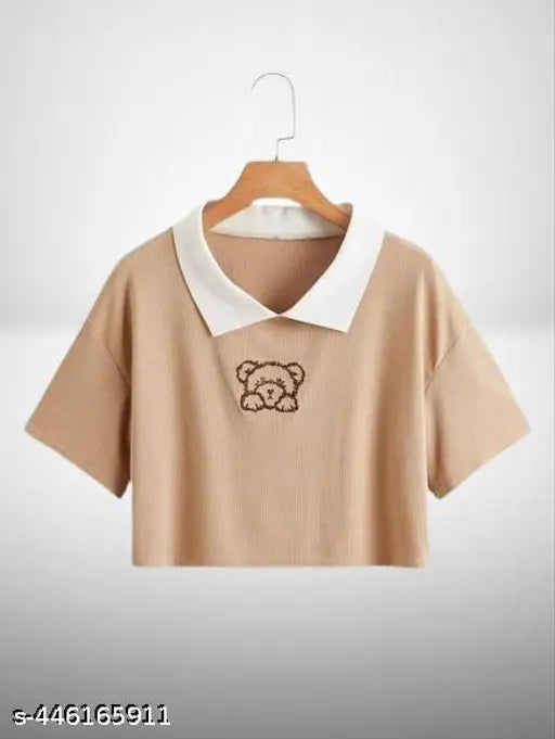 New Design Women's Cotton Blend Korean-inspired Casual Half Sleeve T-Shirt with Polo Collar, printed graphic design, ideal for casual outings in S, M, L, XL sizes