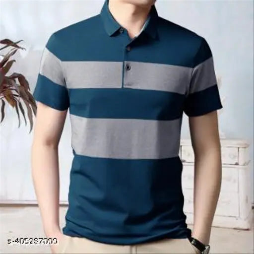 Green cotton-blend men's polo shirt, striped half sleeve, colorblocked design - comfortable for regular wear