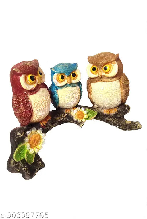 Ashish Collection poly resin bird owl family figurine, 14cm tree branch showpiece statue for home decor & Vastu compliant