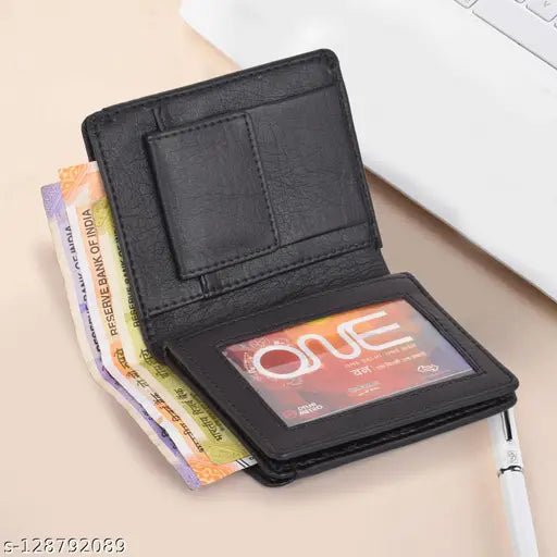 Classic world black PU bi-fold wallet for men - slim, practical, and stylish with 2 compartments, perfect for daily use