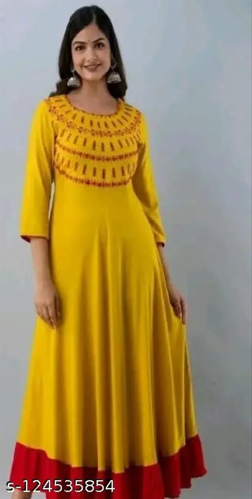 XL rayon Anarkali Kurta, traditional Indian women's outfit with three-quarter sleeves and solid pattern. Comfortable, soft fabric allows for breathability