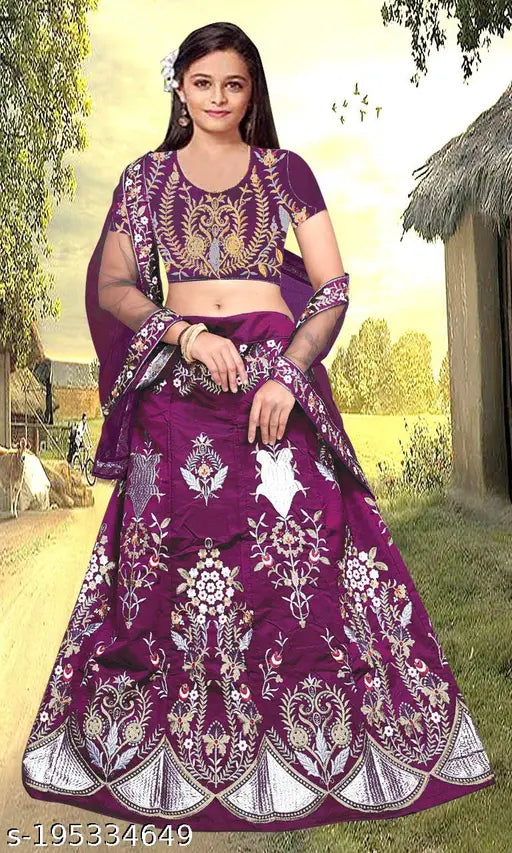 Silk and net embroidered kid's Lehenga Choli, short sleeves, unstitched, Indian origin, sizes 9-14 years