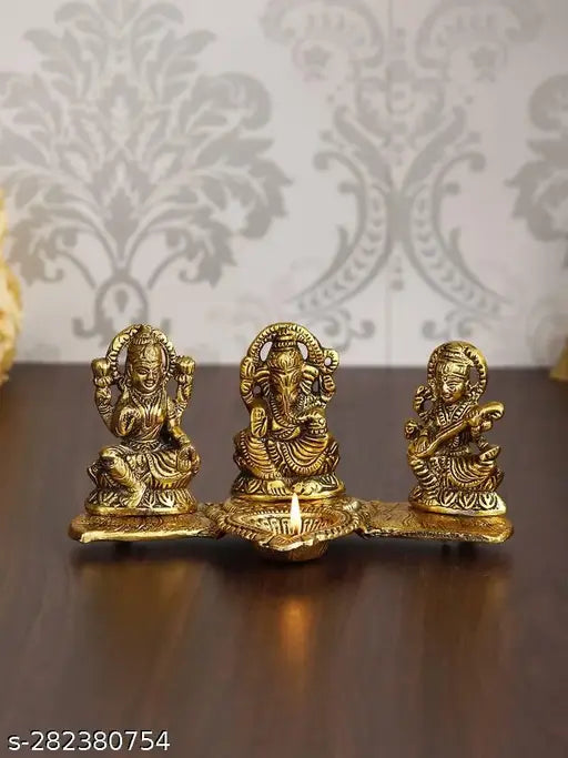 Metal Laxmi Ganesh Sarawati on Kela Leaf with Diya, Vastu, home temple, office gifting - Indian made, size: L20xW11xH10 cm