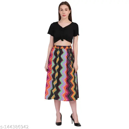 Multi-colored printed polyester calf length skirt with elasticated belt, crepe fabric, Indian origin