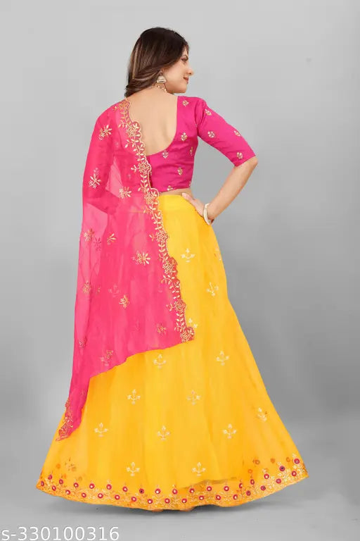 Heavy net fabric Lehenga with multi-thread embroidery and mirror work, dupion silk blouse on mannequin