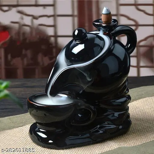 Black kettle and cup design polyresin incense holder with 10 back flow scented cones. Decorative smoke fountain for home décor, positive energy item
