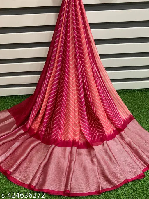 Moss chiffon zigzag print saree with contrast blouse, soft and smooth summer wear for South Indian styles