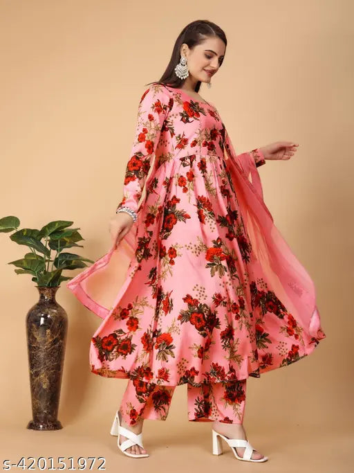 Pretty floral Georgette gown with long sleeves, Indian designer wear for women