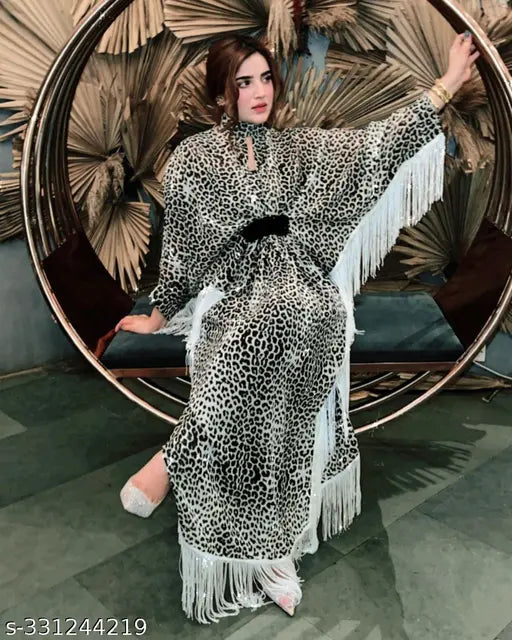 Leopard print maxi gown with fringe, black & white, silky fabric, elegant design.s-33124219