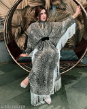 Leopard print maxi gown with fringe, black & white, silky fabric, elegant design.s-33124219