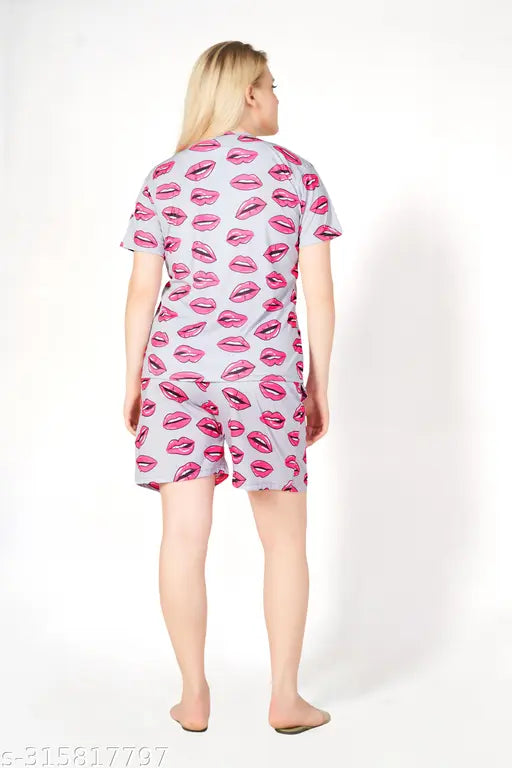 Printed polyester women's shorts set with t-shirt, soft & comfortable, side pockets, elastic & drawstring waist, lounge wear, India