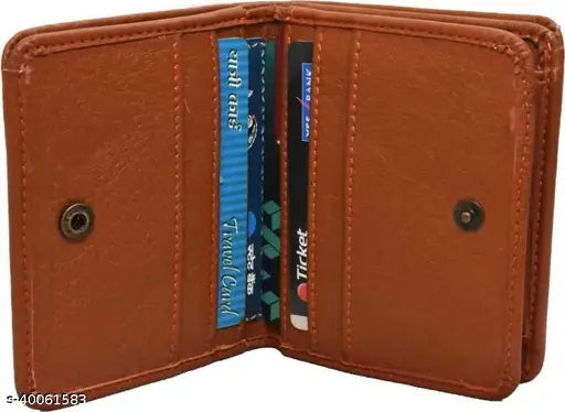 Tan faux leather men's wallet, Classic World Handy Styles Trendy design with 2 compartments, safety button lock, coin pocket, and 9 card slots. Made in India