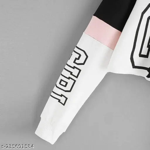 White and black color-blocked cotton blend full sleeve party wear women's hood t-shirt, crop length design