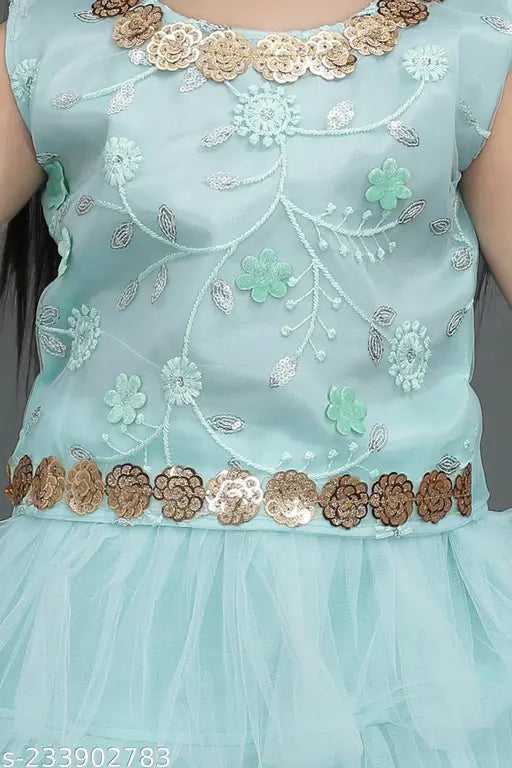 Sea Blue Net & Chanderi Silk Choli Lehenga with Dupatta - Embroidered ruffle stitch, 5-6 Years size