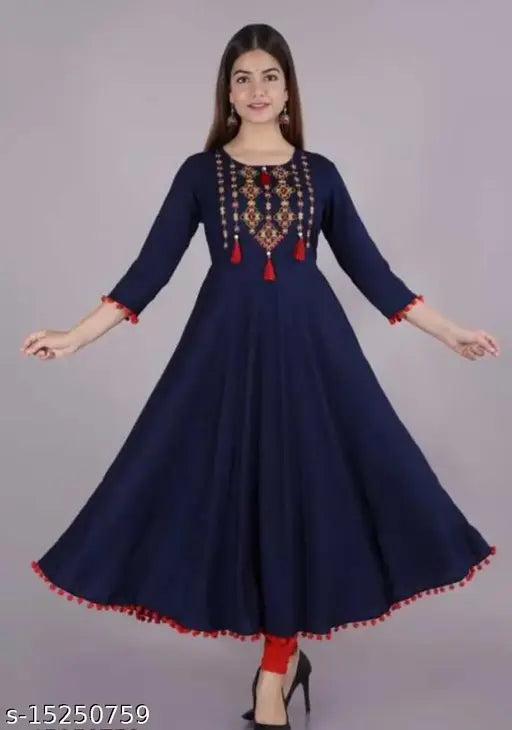 Blue anarkali kurta with embroidery, long sleeves, straight cut, and red detailing