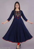 Blue anarkali kurta with embroidery, long sleeves, straight cut, and red detailing