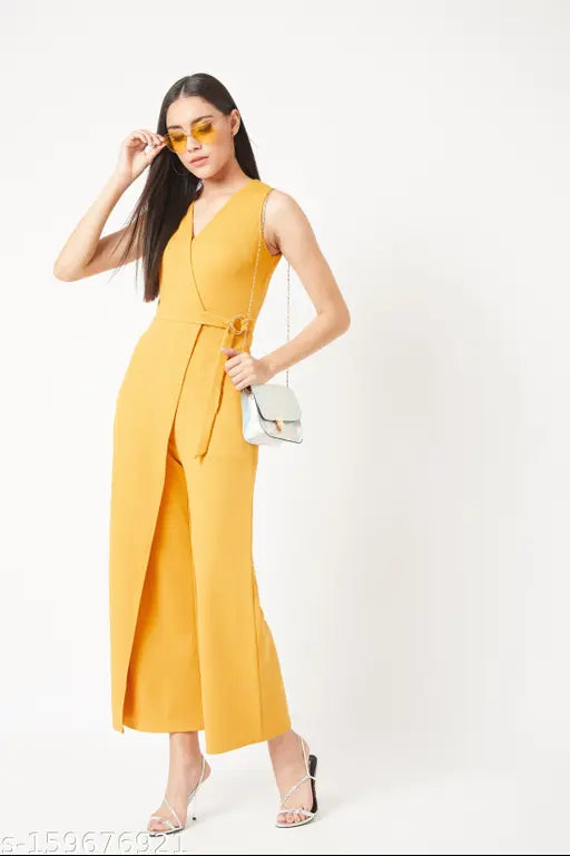 Yellow polyester solid vneck jumpsuit by Miss Chase, mustard yellow knit with V-neck and zip back closure, regular length sleeveless style for women's fashion