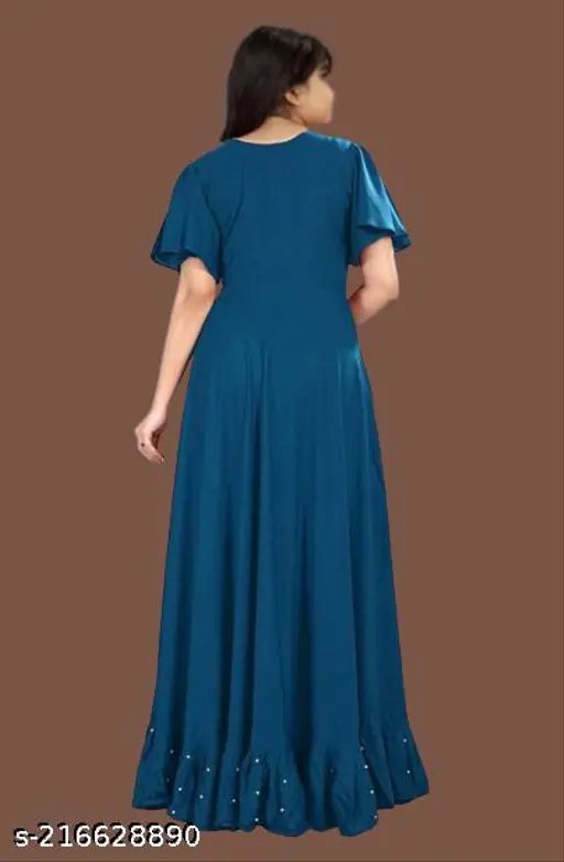 Embellished rayon net gown for girls 7-8 years, short sleeves, Indian origin