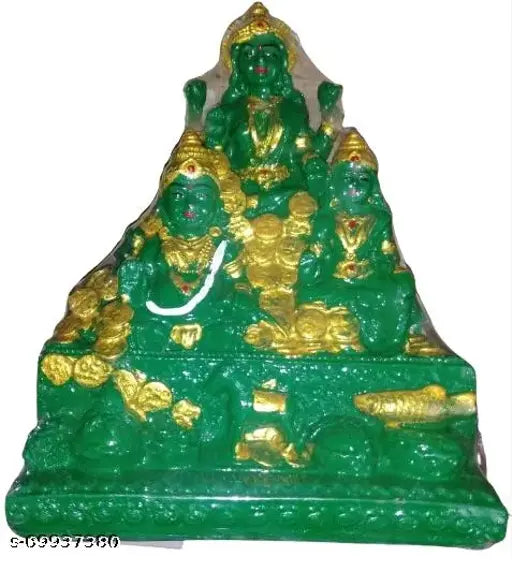 Green poly resin Kubera Lakshmi idol, intricately detailed with a height of 17cm and breadth of 9cm