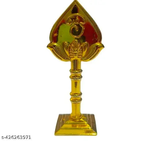 Gold-finish Metal Murugar Vel Idol (7cm) on traditional stand, exquisite craftsmanship, Indian origin