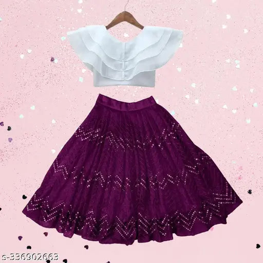 Girls fully-stitched mirror work embroidered organza lehenga choli, Indian traditional outfit for young girls with short sleeves and intricate mirrorwork design