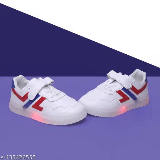 White shoe with blue and red accents, lit LED soles