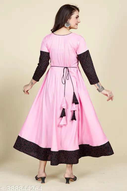 Long anarkali kameez with black polka dot border, baby pink color