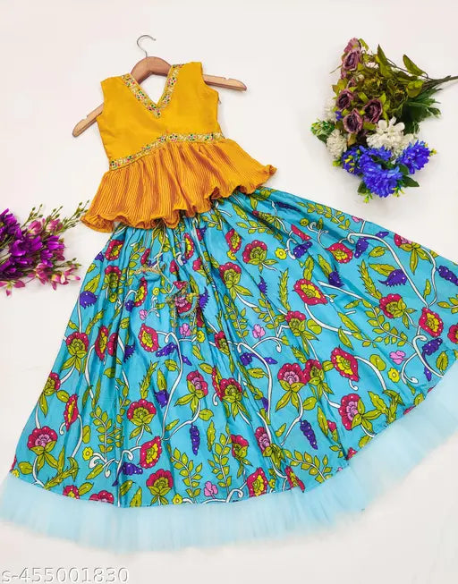 Chiffon Lehenga Cholis Pack, embellished floral stitch, sleeveless for girls aged 3-11 years, Indian traditional wear
