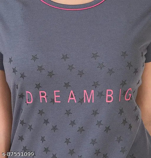 Pink and grey printed cotton night suit set for women and girls, featuring a graphic design with pockets on top and drawstring pants. Comfortable lounge wear or sleepwear