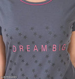 Pink and grey printed cotton night suit set for women and girls, featuring a graphic design with pockets on top and drawstring pants. Comfortable lounge wear or sleepwear