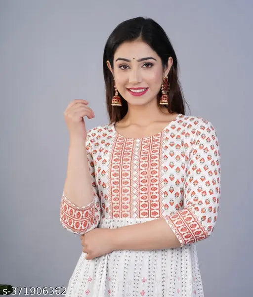 Casual printed anarkali kurta in white with a floral pattern