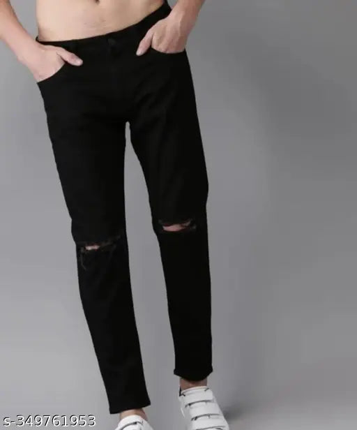 Black denim flaying men's knee-slit jeans, solid pattern, size 28, 30, or 32